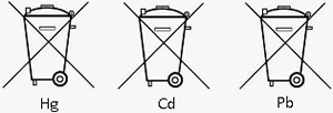 Durchgekreuzte Mülltonnen mit den chemischen Zeichen Hg, Cd und Pb